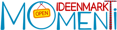 Schriftzug: Ideenmarkt Momenti in Rot und Blauer Farbe und ein kleines gelbes Schild in dem Open steht.