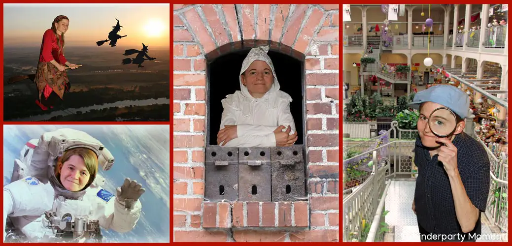 Kindergeburtstag Themen von Kinderparty Momenti Collage aus vier Bildern mit einer Frau in unterschiedlichen Verkleidungen bei Motto Kindergeburtstagen