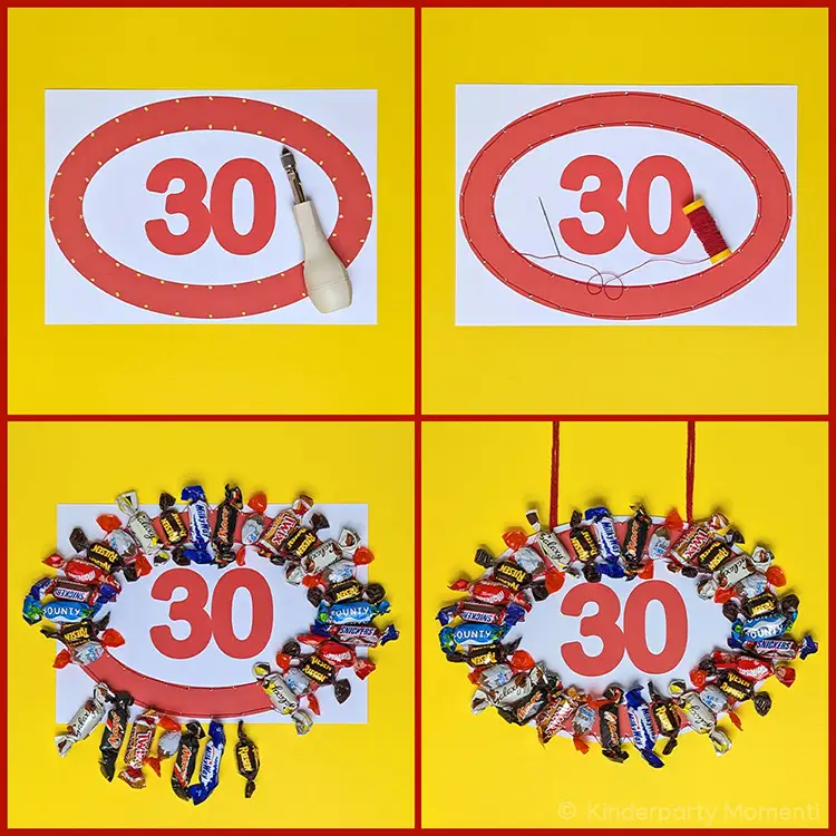 Vier Bilder zeigen, wie man ein 30er Schild selber basteln kann.