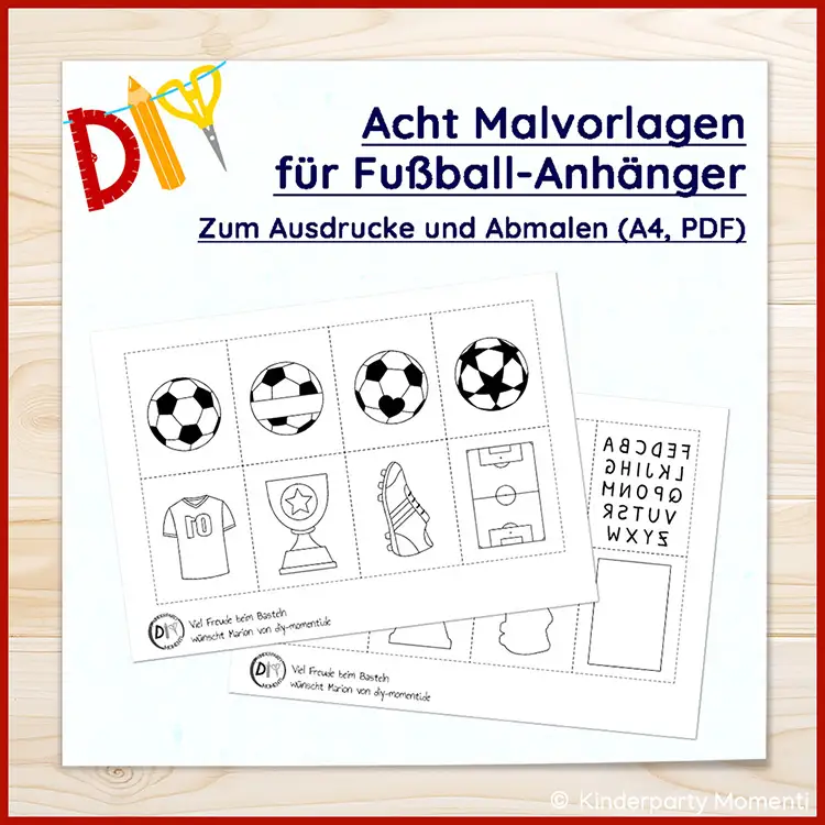 Fußball Malvorlagen und Schablonen zum Ausdrucken - PDF Zwei schwarz-weiße Malvorlagen mit Fußballmotiven wie Bälle, Trikot, Pokal, Schuh und Spielfeld auf Holztisch