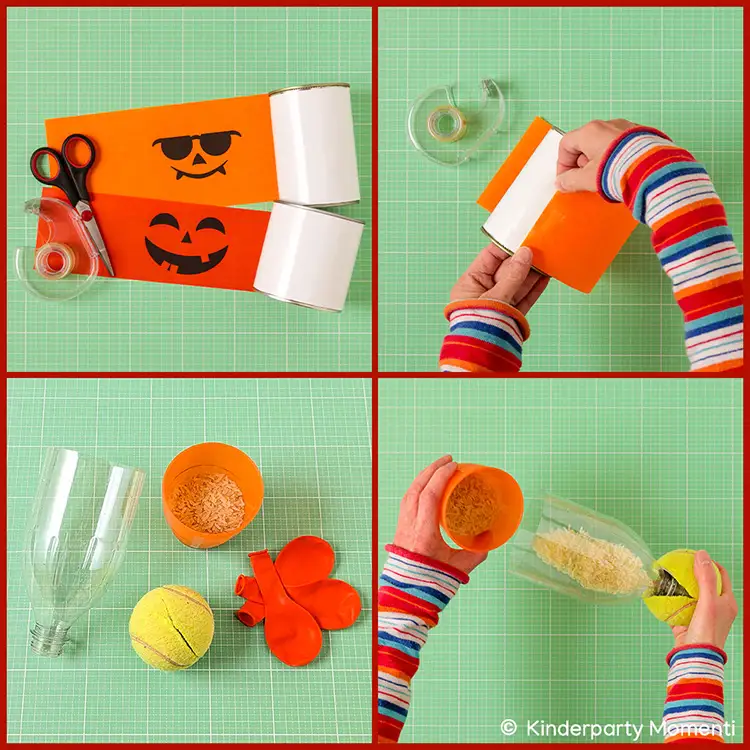 Bastelanleitung - Wurfspiel mit Dosen basteln Vier Fotos zeigen Bastelmaterialien und Arbeitsschritte für ein Dosenwerfspiel mit Halloween-Motiven, darunter orangefarbene Papierstreifen mit Kürbisgesichtern, Schere, Klebeband, Plastikflaschen, Luftballons, Reis und ein Tennisball.