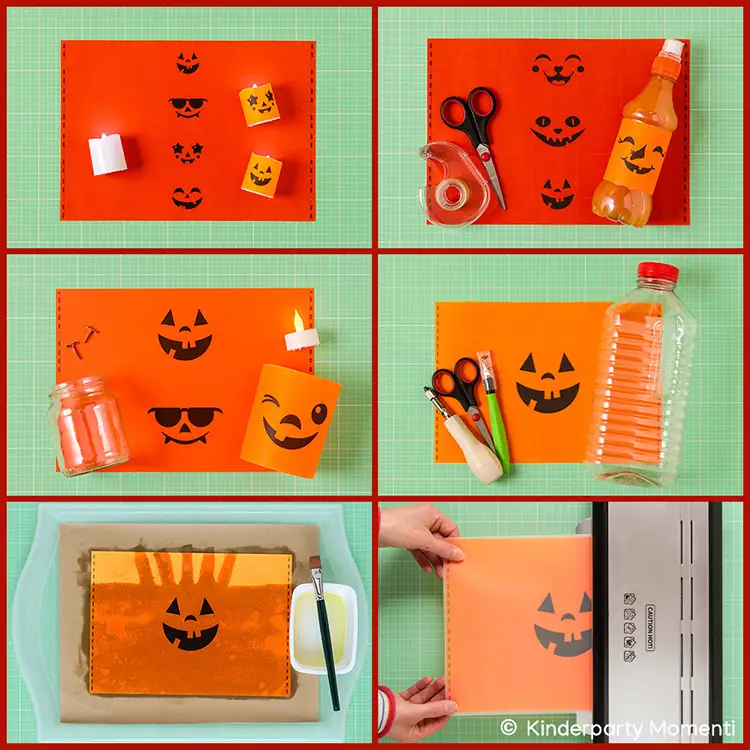 Sechs Fotos zeigen Bastelanleitung für Halloween-Kürbis aus orangefarbenem Papier mit ausgeschnittenen lachenden Gesichtern, Schere, Klebeband, Flasche und Glas.