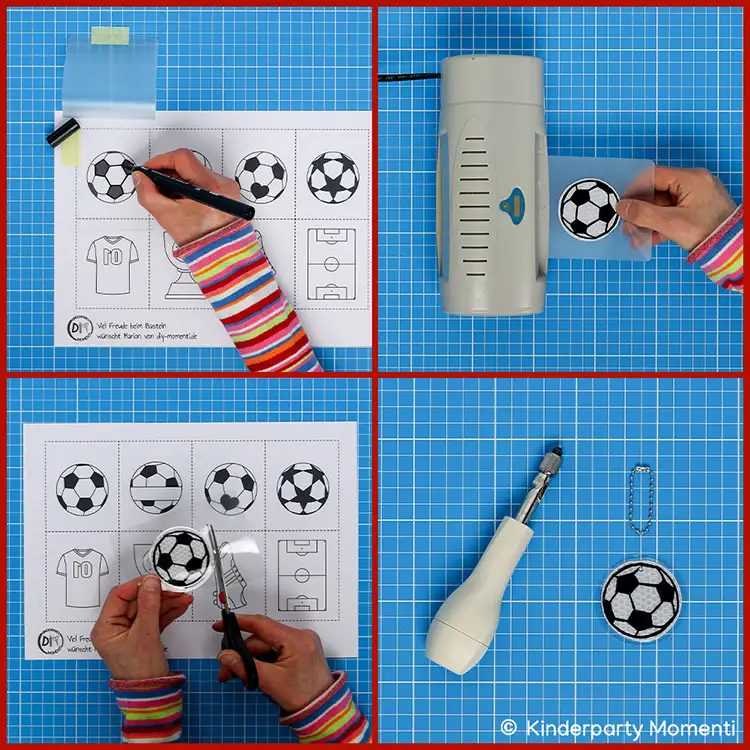 Bastelanleitung für Reflektor Anhänger mit Fußball Motiven Vier quadratische Fotos zeigen eine Bastelanleitung für einen Fußballanhänger mit einer Hand, die einen Fußball ausmalt, mit einer Laminiermaschine laminiert, mit einer Schere ausschneidet und mit einem Werkzeug ein Loch in den Anhänger stanzt.