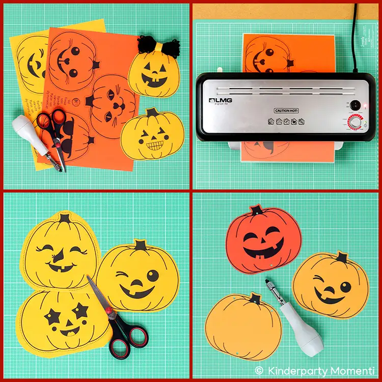 Collage aus vier Bildern, die zeigen wie man mit Kürbissen aus Papier Halloween Girladen basteln kann