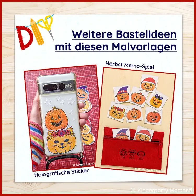 Ideen zur Verwendung der Kürbis Gesichter Malvorlage Hand hält Smartphone mit Holografie-Sticker eines Kürbisgesichts und einer Katze mit Blumenkranz daneben liegen weitere Sticker, daneben Herbst-Memo-Spiel mit Karten, die Kürbis- und Halloween-Gesichter zeigen, auf rotem Stoffbeutel