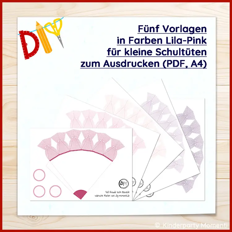 Fünf Druckvorlagen für Schultüten in Lila. Pink & Rosa Fünf Lila und Rosa Vorlagen für kleine Schultüten zum Ausdrucken.