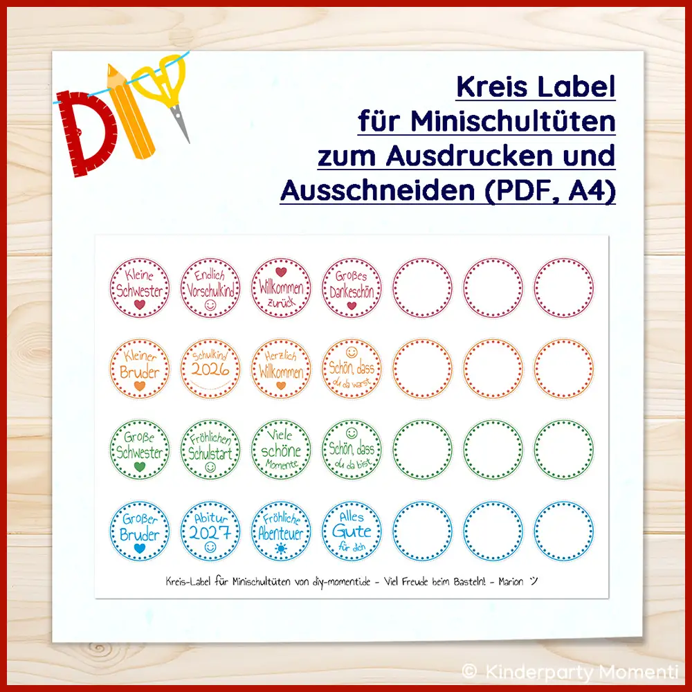 Kreis Label zur Beschriftung von kleinen Schultüten Blatt mit bunten Kreis-Labels für Minischultüten mit verschiedenen kurzen Texten wie ‚Kleine Schwester‘, ‚Endlich Vorschulkind‘, ‚Willkommen zurück‘ und ‚Großer Bruder‘