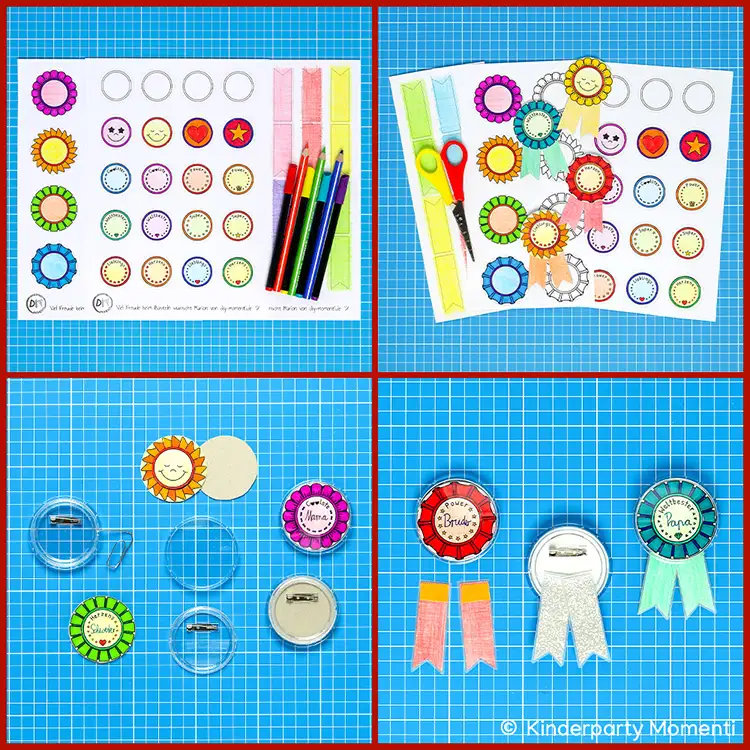 Bastelanleitung für DIY Orden aus Anstecker Buttons aus Kunststoff Vier quadratische Fotos zeigen Schritt-für-Schritt-Anleitung zum Basteln von Ansteckern mit bunten Rosetten, Stiften, Schere, Klebeband und Anstecknadeln auf kariertem Hintergrund