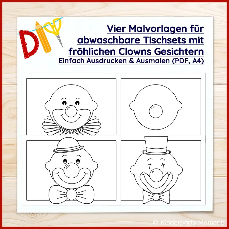 Vier schwarz-weiße Malvorlagen mit fröhlichen Clownsgesichtern, darunter zwei mit Hüten und zwei mit Fliegen, auf einem hellen Holzhintergrund.