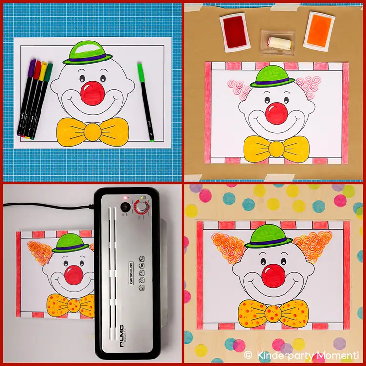 Vier quadratische Fotos zeigen die schrittweise Gestaltung eines abwaschbaren Tischsets mit einem Clown Gesicht, das mit Filzstiften, Stempelkissen und einem Laminiergerät koloriert und laminiert wird