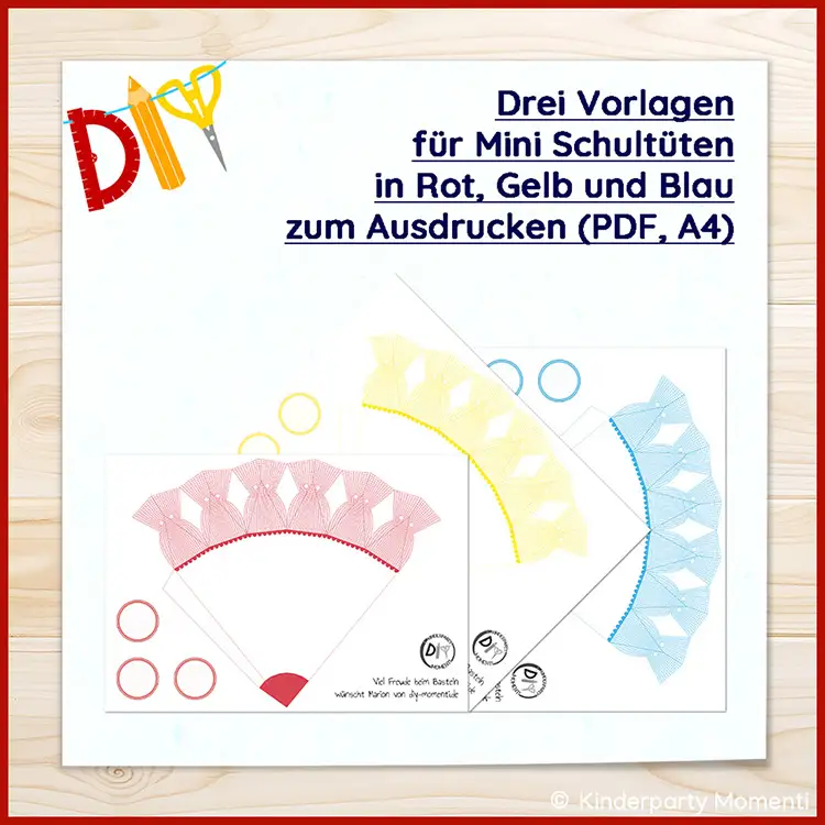 Vorlagen für kleine Schultüten zum selbst basteln Drei Bastelvorlagen für Mini-Schultüten in Rot, Gelb und Blau mit Musterrand und Kreisen zum Ausschneiden