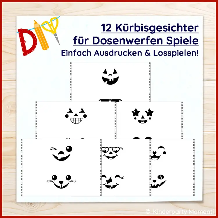 PDF Vorlagen zum basteln von Dosen zum Dosenwerfen Zwölf schwarz-weiße Kürbisgesichter als Druckvorlagen für Dosenwerfen-Spiele auf hellem Holzuntergrund