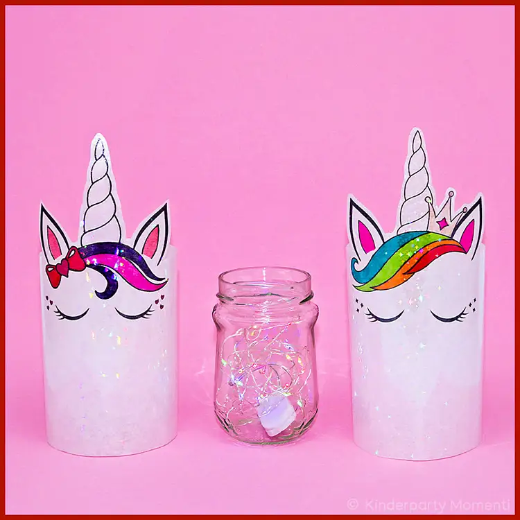 DIY Einhorn Windlichter mit Lichterkette zwei DIY Einhorn Windlichter & ein Glas mit bunter Lichterkette