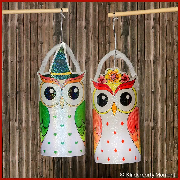 Zwei bunte selber gestaltete Eulenlaternen mit großen Augen, eine grün-blau mit glitzerndem Hut, die andere rot-gelb mit Blumenmuster, hängen vor einer Holzlattenwand.