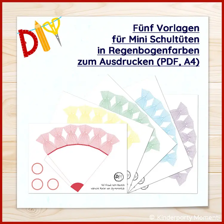 Druckvorlagen für kleine DIY Schultüten Fünf Vorlagen für Mini-Schultüten in Regenbogenfarben zum Ausdrucken als PDF im A4-Format mit ausgeschnittenen Mustern und Kreisen auf hellem Holztisch