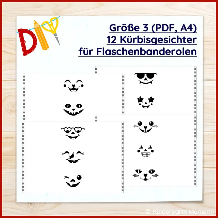 Zwölf verschiedene schwarz-weiße Kürbisgesichter als Flaschenbanderolen auf einem A4-Blatt mit der Überschrift 'Größe 3 (PDF, A4) 12 Kürbisgesichter für Flaschenbanderolen