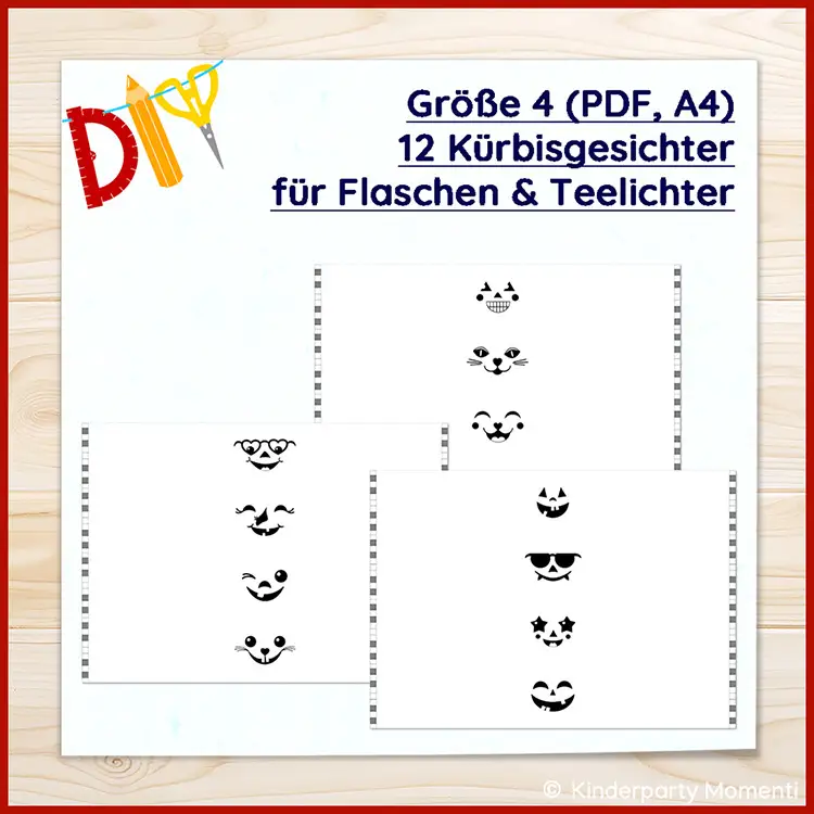 Drei DIN-A4-Blätter mit zwölf verschiedenen schwarz-weißen Kürbisgesichtern für Flaschen und Teelichter