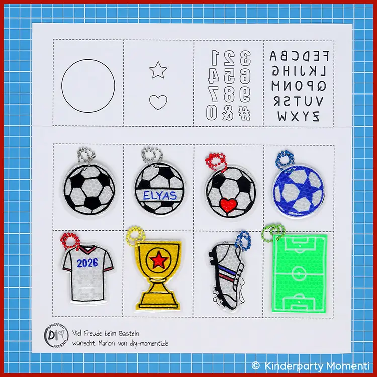 Ausdruckbare Schablonen & Malvorlagen mit Fußball Motiven Schwarz-weiße Malvorlage mit Fußballanhängern, Trikot, Pokal, Fußballschuh und Spielfeld, dazu Zahlen, Buchstaben, Stern und Herz zum Ausschneiden