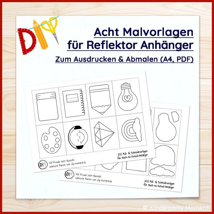 Ausdruckbare Malvorlagen für Schulranzen Reflektor Anhänger Zwei schwarz-weiße Malvorlagen mit acht verschiedenen Umrisszeichnungen für Reflektor-Anhänger auf Holztisch, darunter Palette, Gesicht, Diamant, Regenbogen und Glühbirne