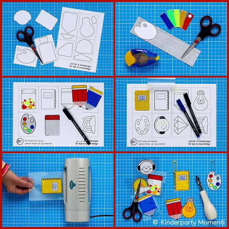 Bastelanleitung für reflektierende Taschenanhänger Sechs Fotos zeigen Bastelanleitung für Schulranzen Reflektor Anhänger mit ausgeschnittenen Papierformen, Schere, Klebeband, Stiften und einem Laminiergerät auf blauem Schneideuntergrund.