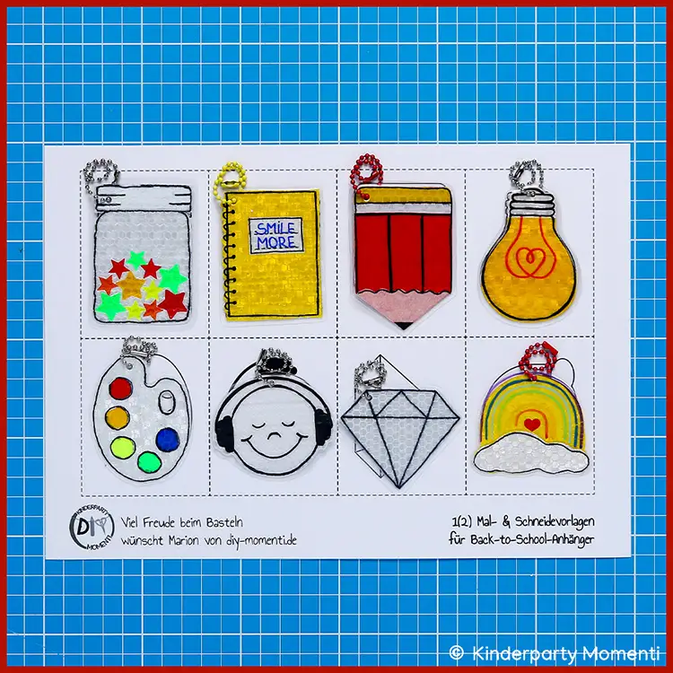 Malvorlage für acht reflektierende Reflektor Anhänger Acht bunte reflektierende Schulranzen Anhänger in Form von Einmachglas mit Sternen, Notizbuch mit Aufschrift 'SMILE MORE', Bleistift, Glühbirne, Farbpalette, lachendes Gesicht mit Kopfhörern, Diamant und Regenbogen mit Wolke auf kariertem Hintergrund.