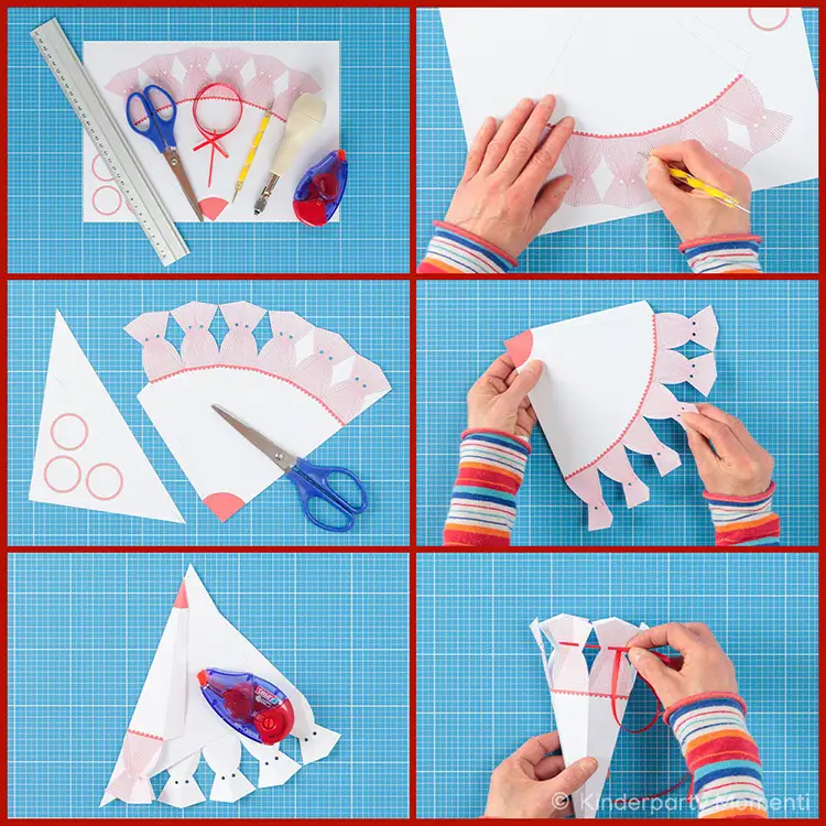Bastelanleitung für kleine Schulttüten aus Papier Schritt-für-Schritt-Anleitung zum Basteln einer Schultüte mit Schere, Lineal, Kleber, Bleistift und Papier auf Schneidematte