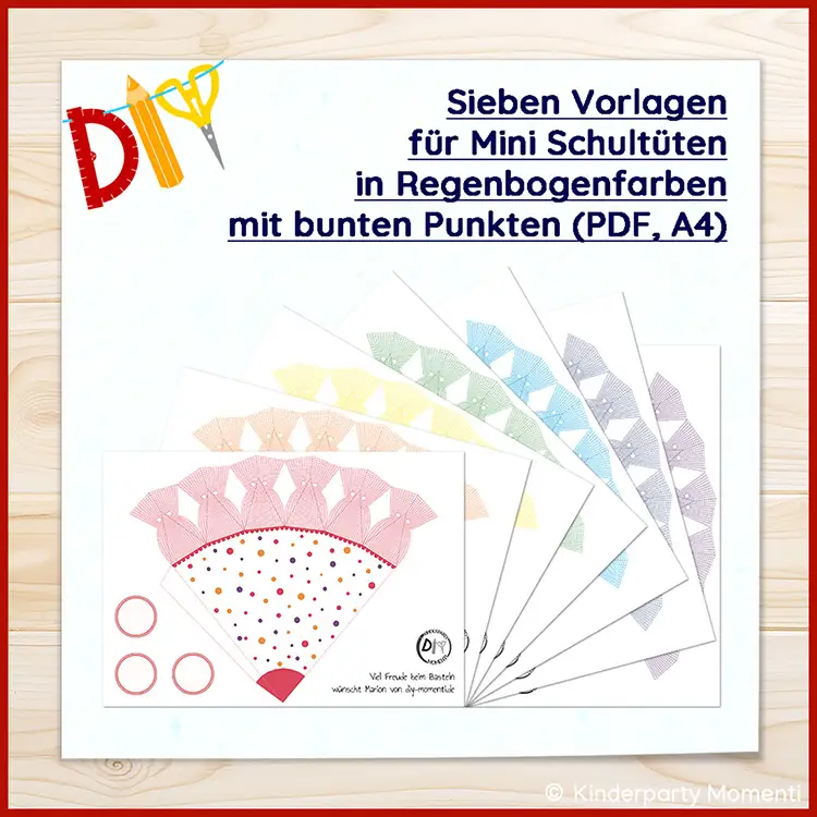 Sieben bunte Vorlagen für gepunktete Mini-Schultüten in Regenbogenfarben auf einem Holztisch liegend
