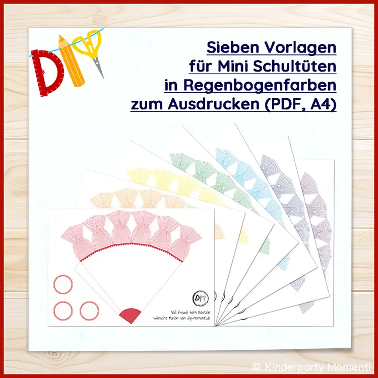 PDF Vorlagen für Papier Schultüten zum Ausdrucken Sieben bunte Vorlagen für Mini-Schultüten in Regenbogenfarben auf einem Holztisch liegend