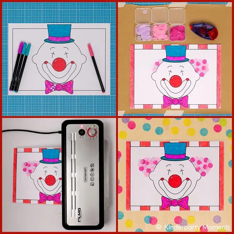 Vier Fotos zeigen eine Bastelanleitung für ein abwaschbares Tischset mit einem Clown Gesicht, das mit Filzstiften koloriert, mit buntem Konfetti beklebt und anschließend laminiert wird.